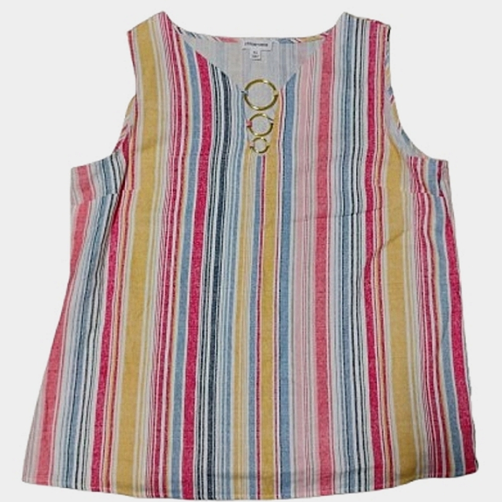 Chloe+Rene Striped Multicolor Sleeveless Linen Blend Top XLarge Retro